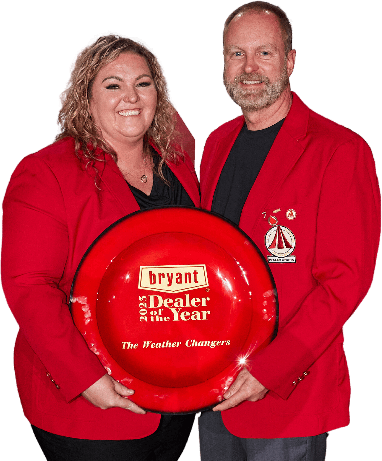 Man and woman holding 2023 Dealer of the Year award for The Weather Changers.